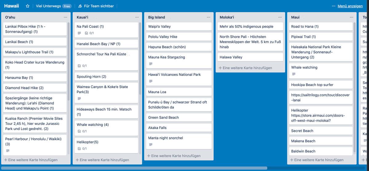 Hawaii Reisetipps Trello